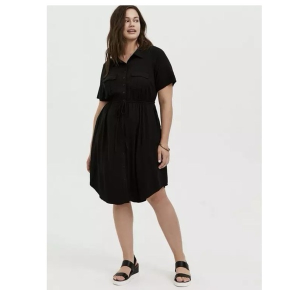 Torrid Black Twill Drawstring Button Up Short Serve Shirt Dress Size 1X Pockets - Picture 2 of 10